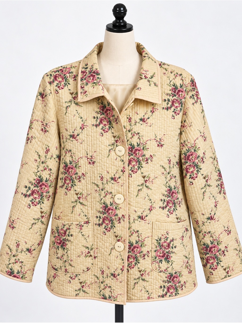 Blair Quilted Floral Button-Up Jacket in Yellow and Rose